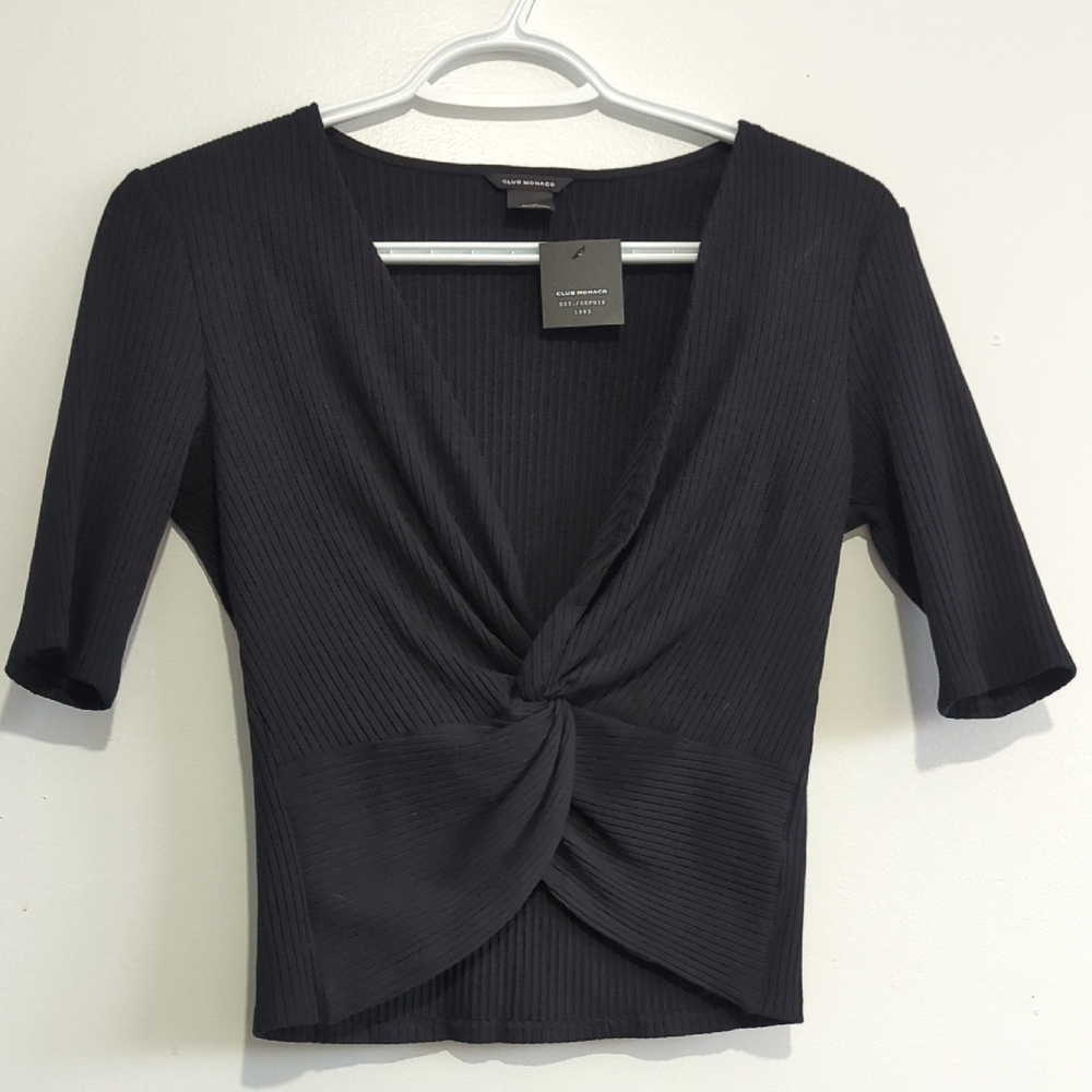 Club Monaco Black Fitted Top with Twist Front Ribecca Top Soot Black M NWT